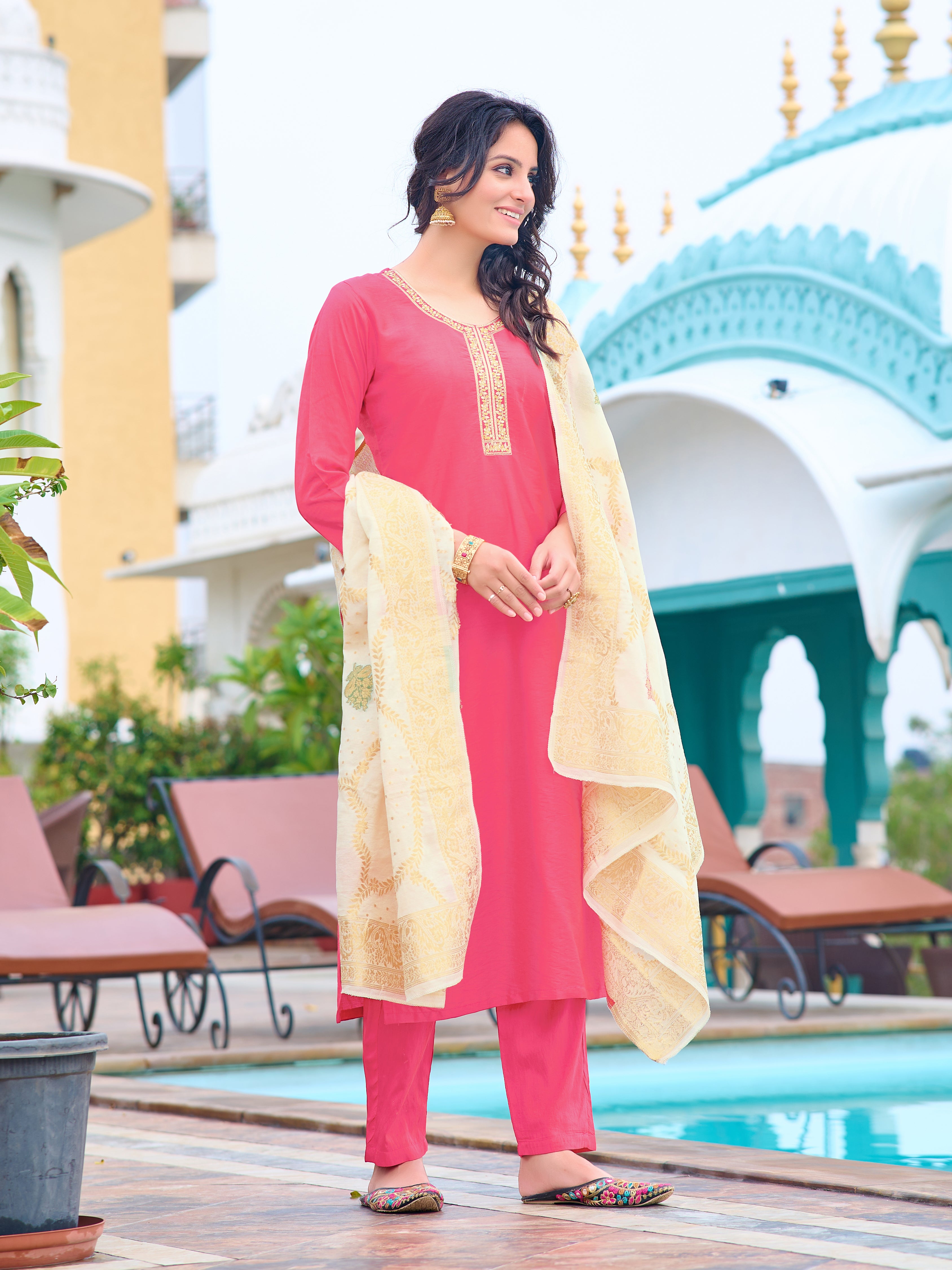 Blush Peach Embroidered Kurti with Cream Dupatta Set