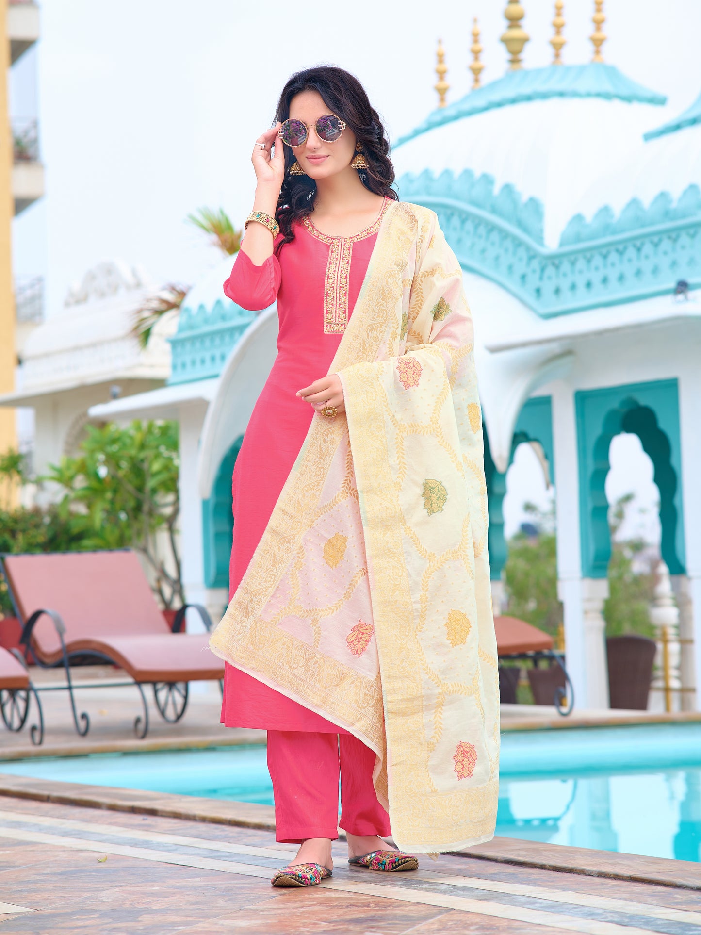 Blush Peach Embroidered Kurti with Cream Dupatta Set