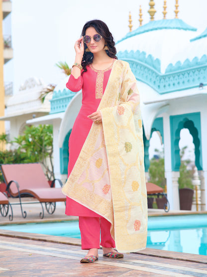 Blush Peach Embroidered Kurti with Cream Dupatta Set