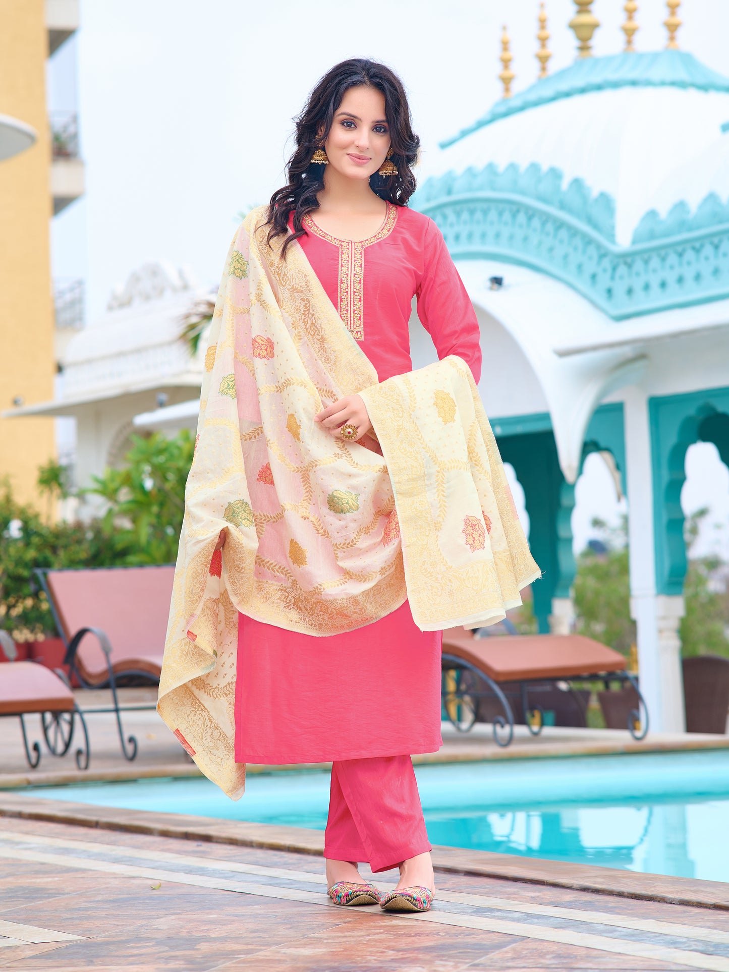 Blush Peach Embroidered Kurti with Cream Dupatta Set