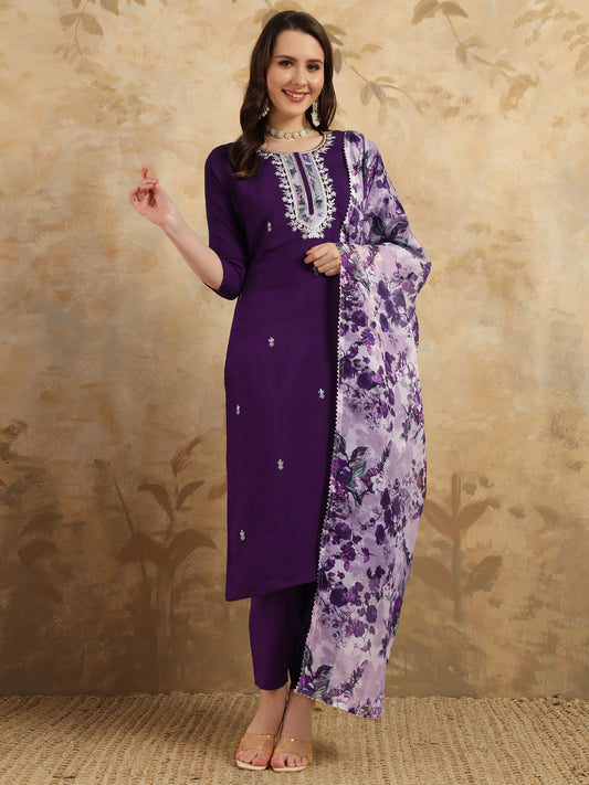 Elegant Wine Heavy Chanderi A-Line Kurti Set with Embroidery – Includes Pant & Dupatta