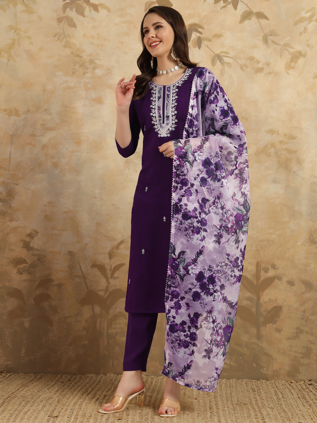 Elegant Wine Heavy Chanderi A-Line Kurti Set with Embroidery – Includes Pant & Dupatta