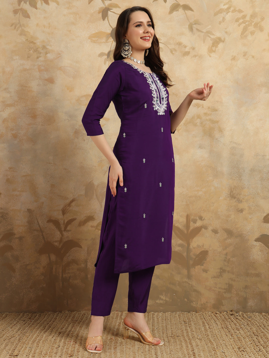 Elegant Wine Heavy Chanderi A-Line Kurti Set with Embroidery – Includes Pant & Dupatta