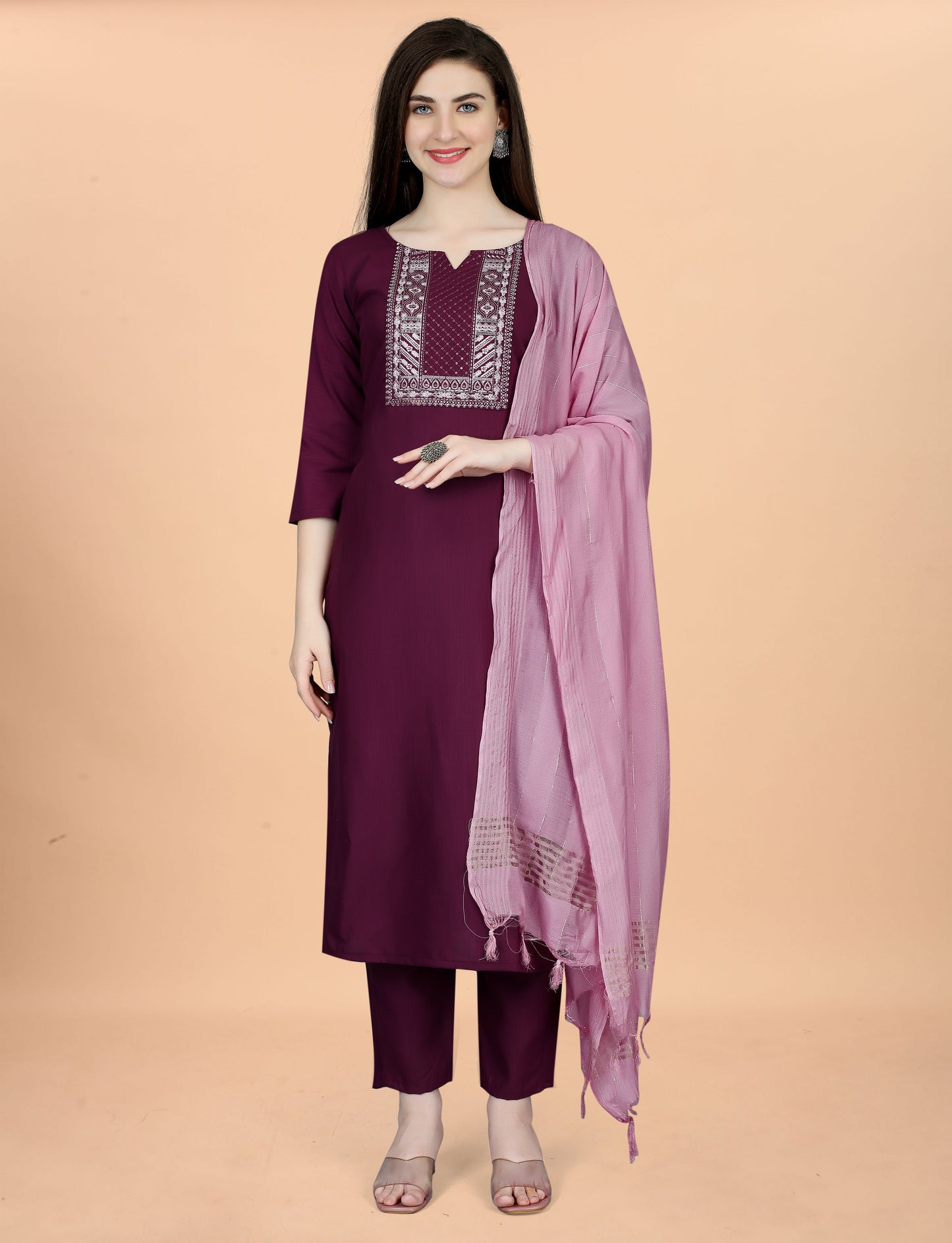 Women Cotton Blend heavy embroidery Kurta With Pant And Dupata Set