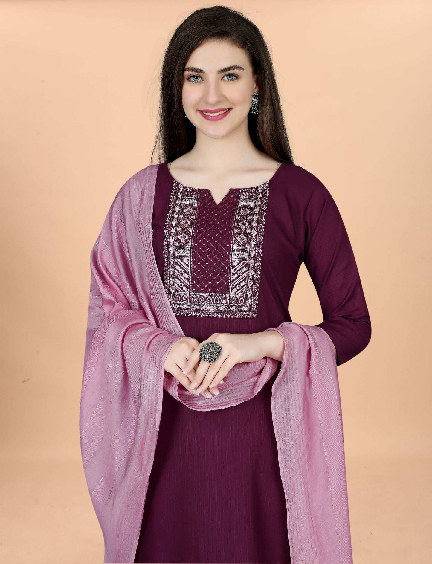 Women Cotton Blend heavy embroidery Kurta With Pant And Dupata Set