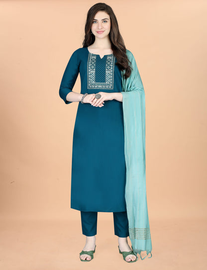 Women Cotton Blend heavy embroidery Kurta With Pant And Dupata Set