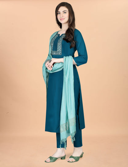 Women Cotton Blend heavy embroidery Kurta With Pant And Dupata Set