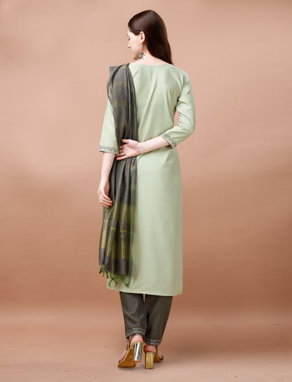 Women Cotton Blend heavy embroidery Kurta With Pant And Dupata Set