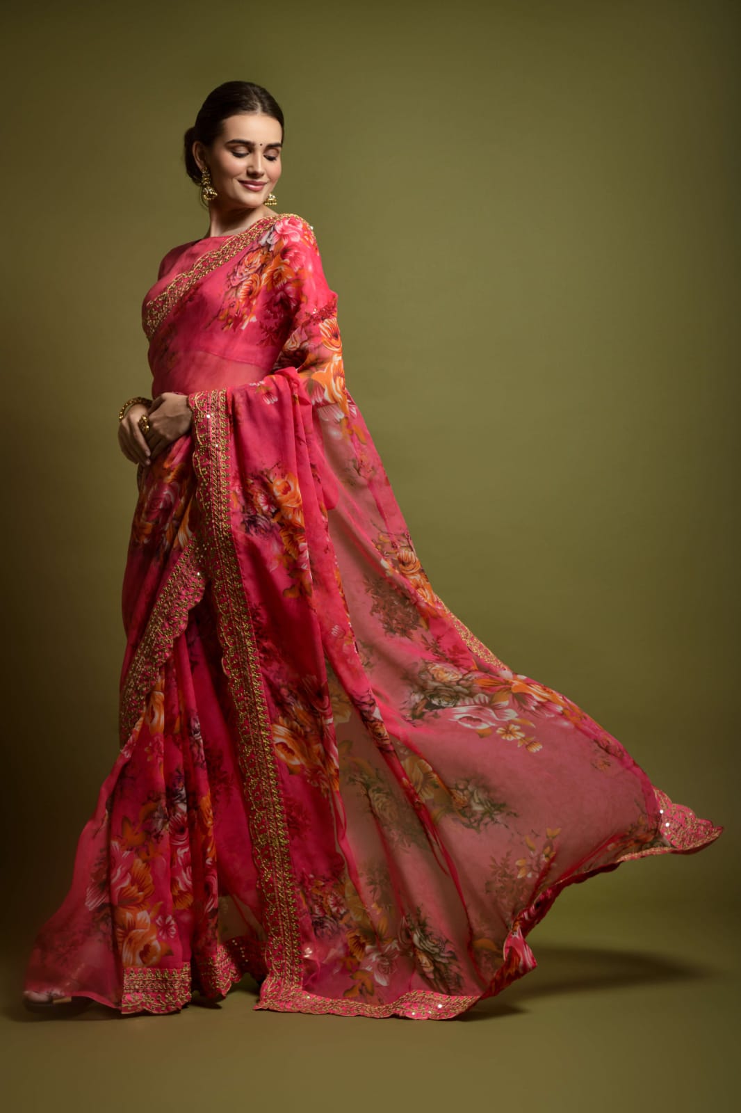 Floral Symphony Saree adorned with Embroidered Cut Work Lace