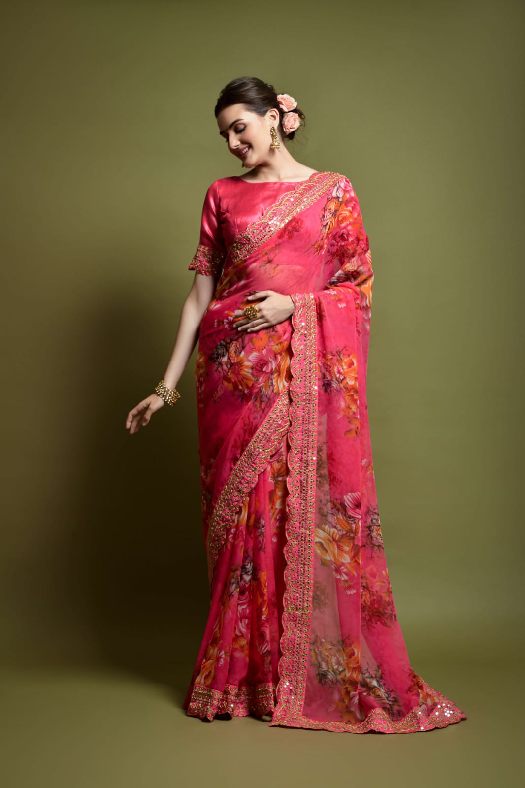 Floral Symphony Saree adorned with Embroidered Cut Work Lace