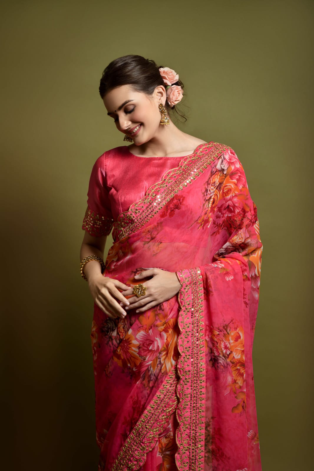 Floral Symphony Saree adorned with Embroidered Cut Work Lace