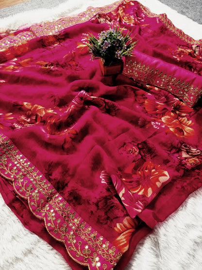 Floral Symphony Saree adorned with Embroidered Cut Work Lace