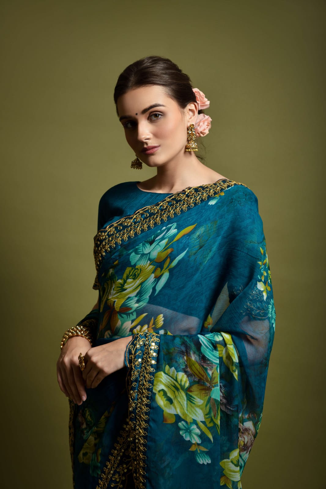 Floral Symphony Saree adorned with Embroidered Cut Work Lace