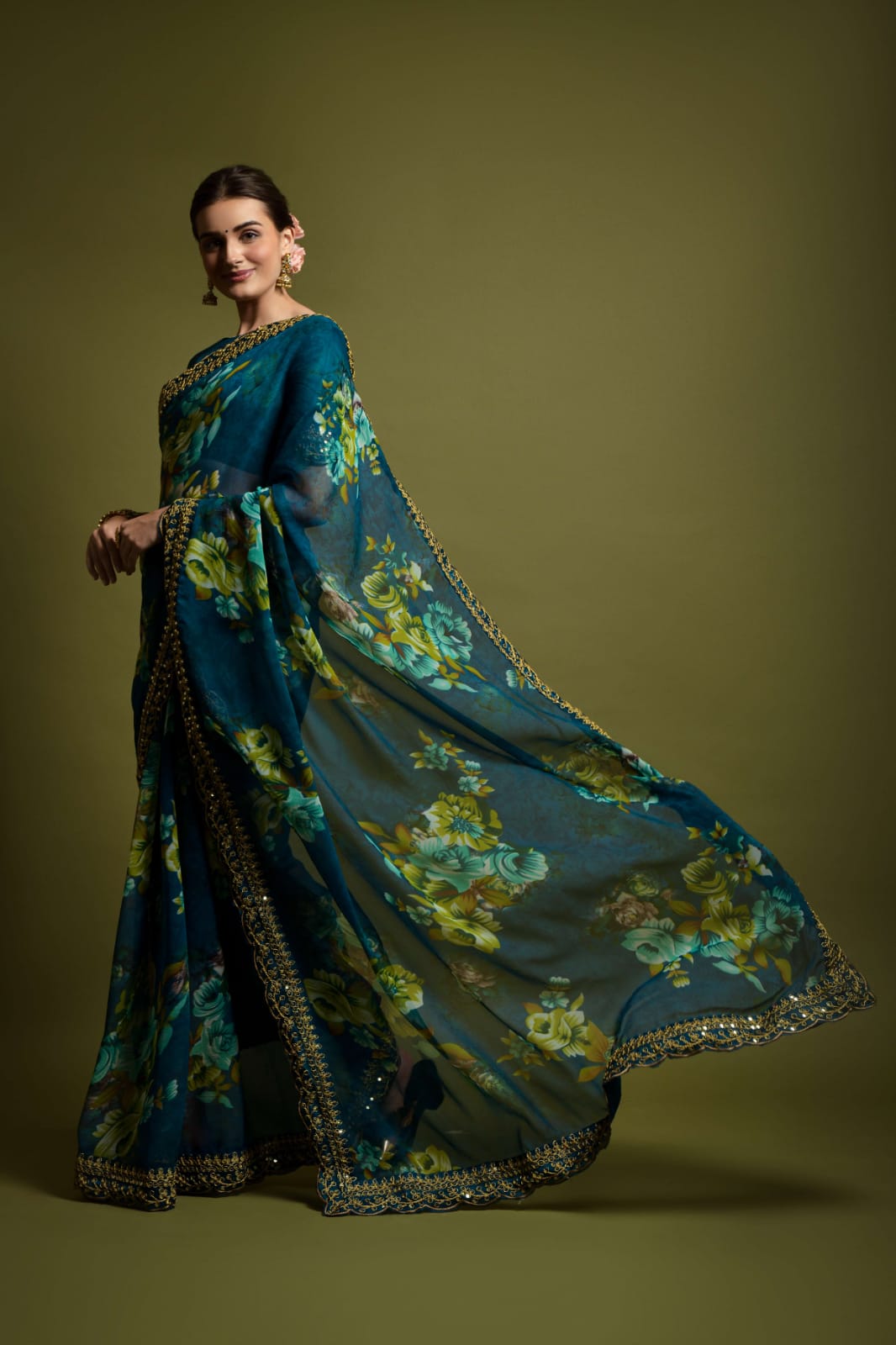 Floral Symphony Saree adorned with Embroidered Cut Work Lace