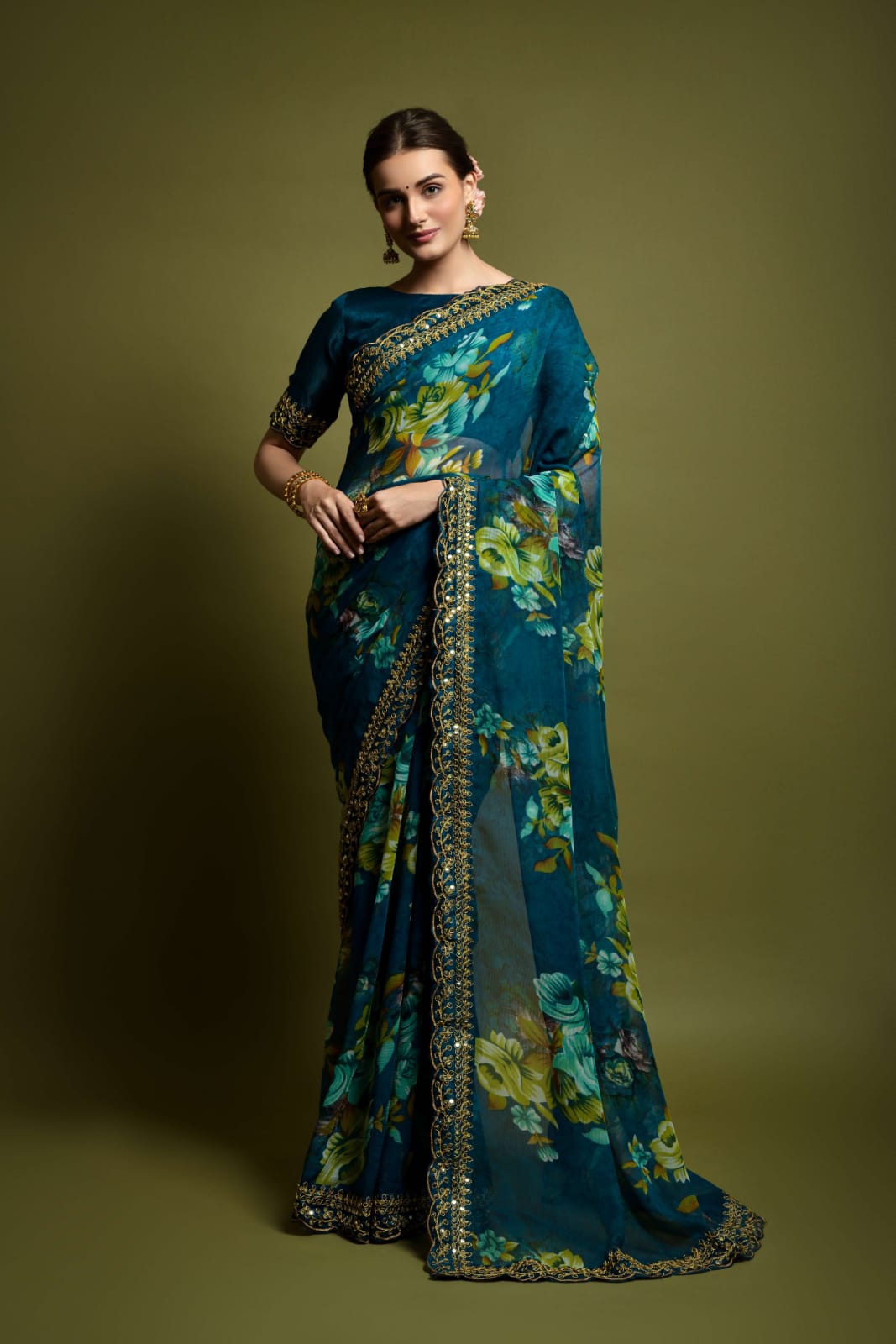 Floral Symphony Saree adorned with Embroidered Cut Work Lace