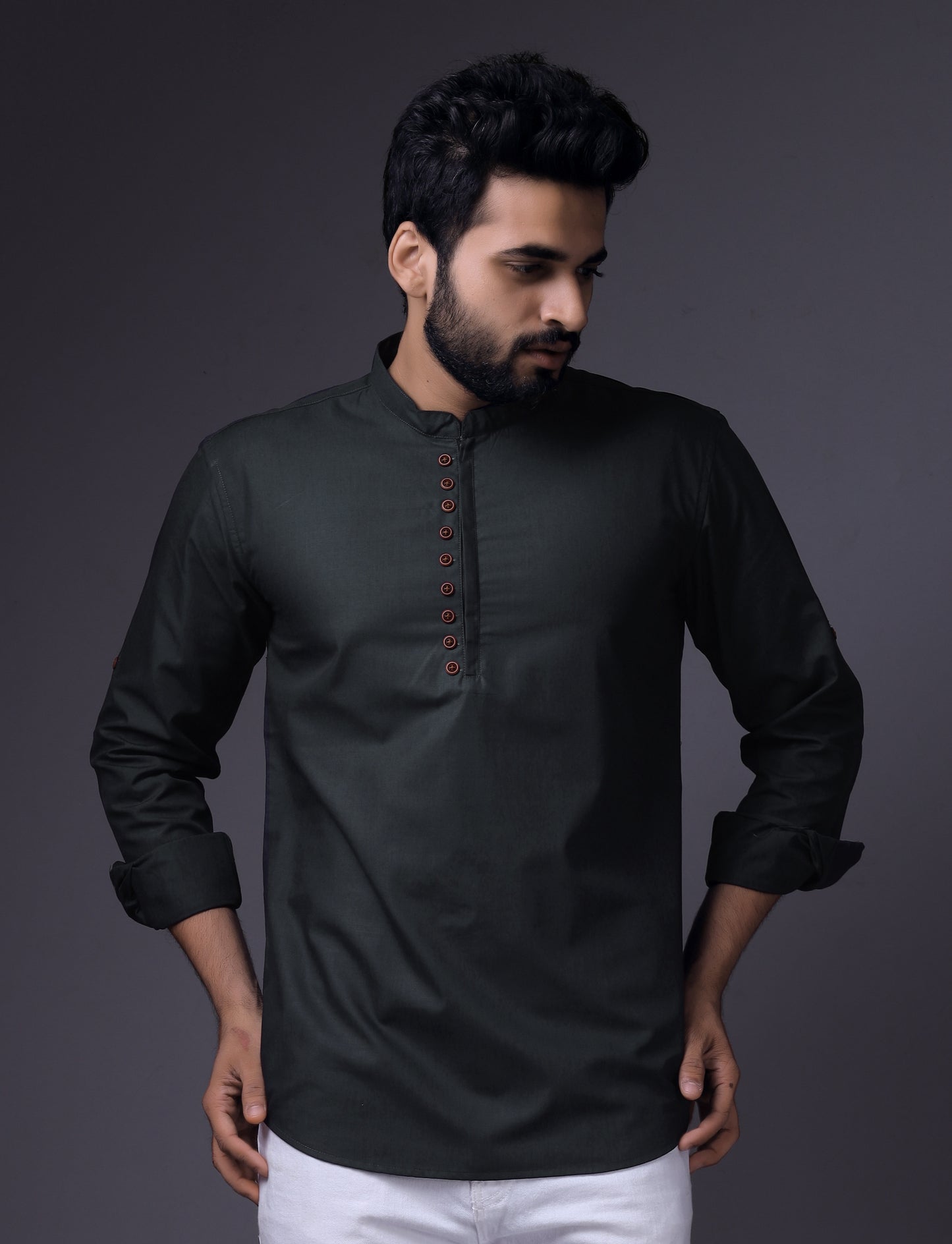 Men's Fancy Kurta Style Cotton shirt (Dark Grey)