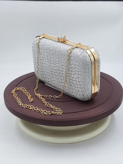 Trending Diamond with 3D Framed Clutch Golden Chrome Frame Purse