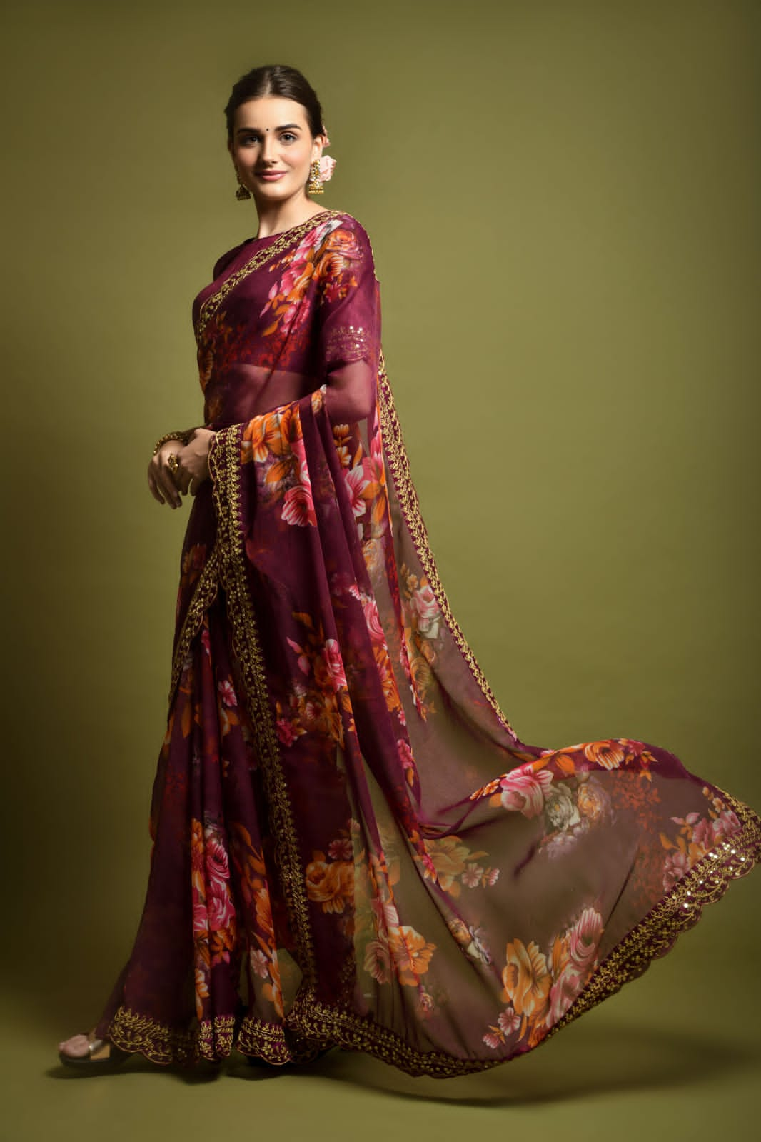 Floral Symphony Saree adorned with Embroidered Cut Work Lace