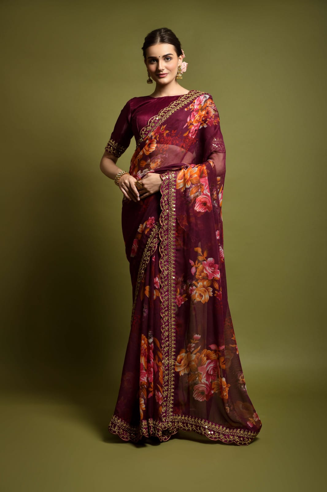 Floral Symphony Saree adorned with Embroidered Cut Work Lace