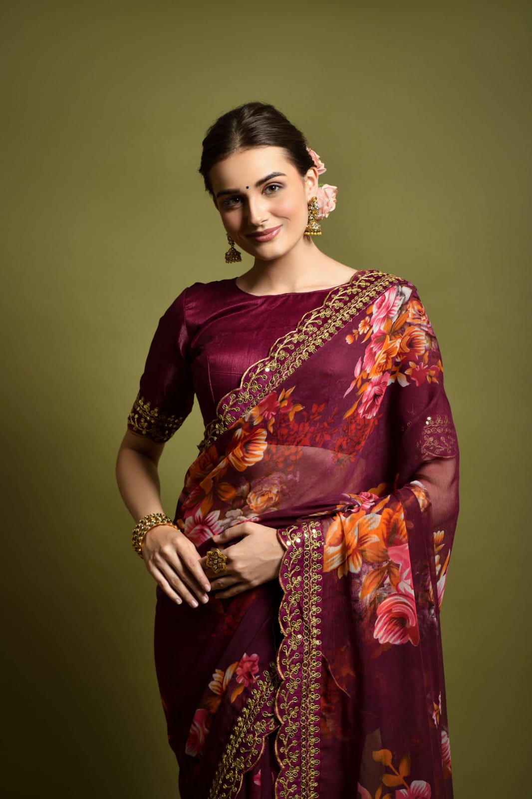 Floral Symphony Saree adorned with Embroidered Cut Work Lace