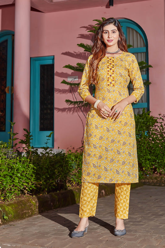 Women Cotton Blend Table Print And Hand Work Kurta With Pant And Dupata Set
