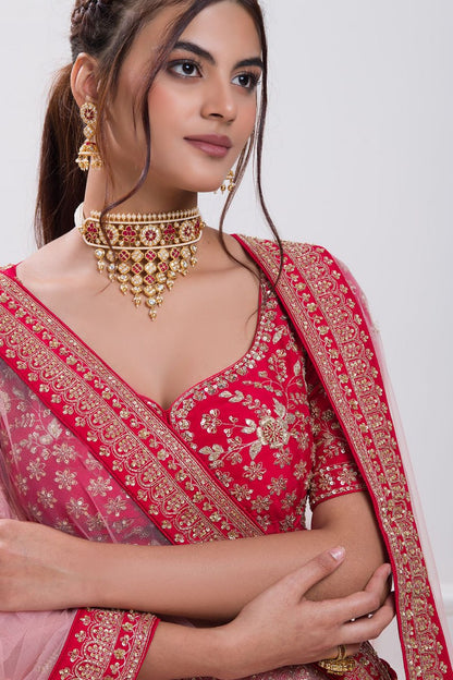 Red aada slub embroidered bridal lehenga choli.