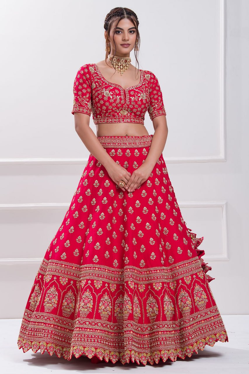 Red aada slub embroidered bridal lehenga choli.