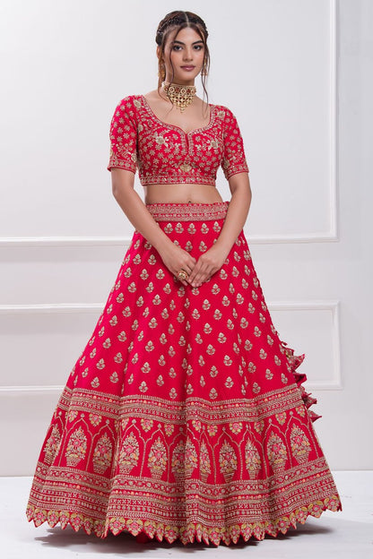 Red aada slub embroidered bridal lehenga choli.