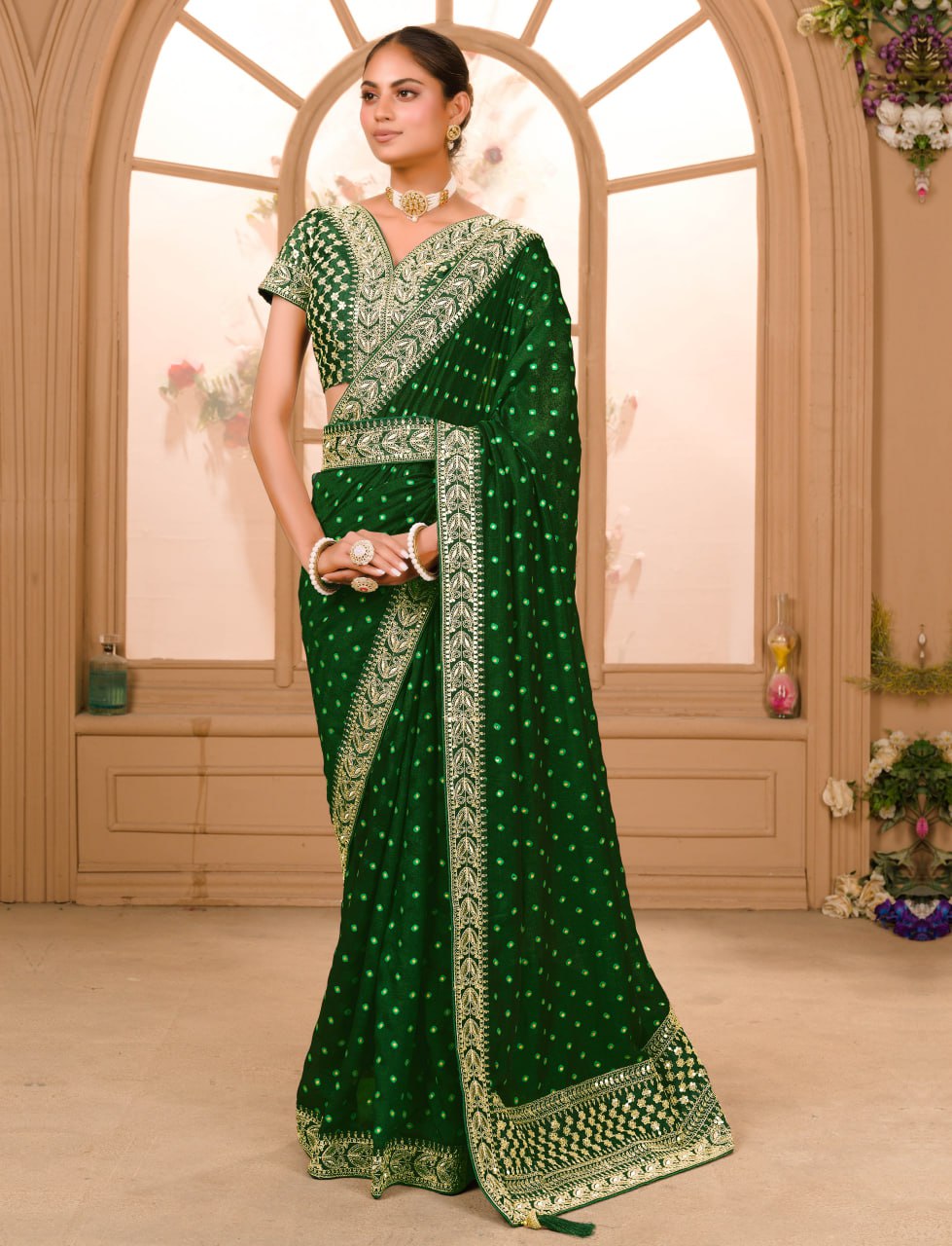 Heavy Pigment Chinon saree with heavy zari embroidery sequins work lace and blouse With Belt