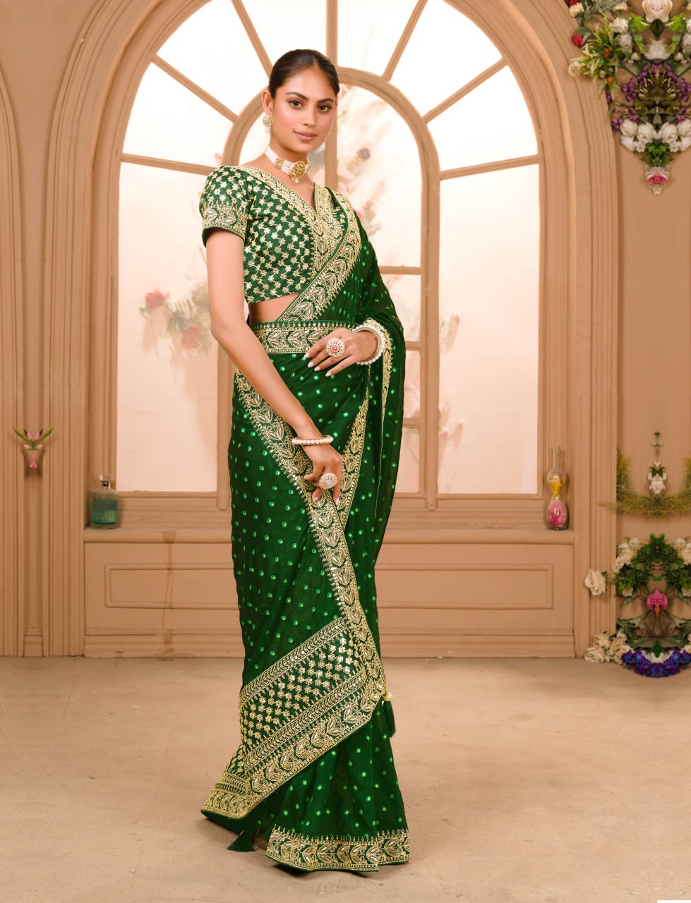 Heavy Pigment Chinon saree with heavy zari embroidery sequins work lace and blouse With Belt