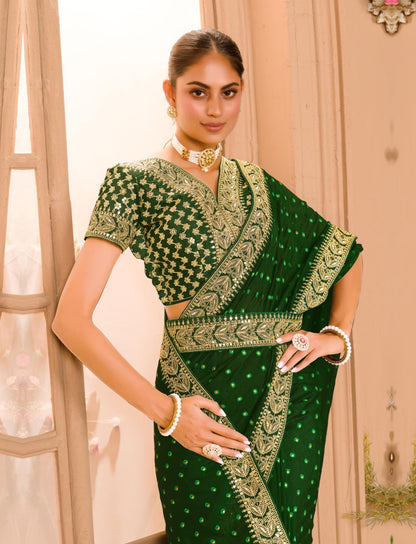 Heavy Pigment Chinon saree with heavy zari embroidery sequins work lace and blouse With Belt