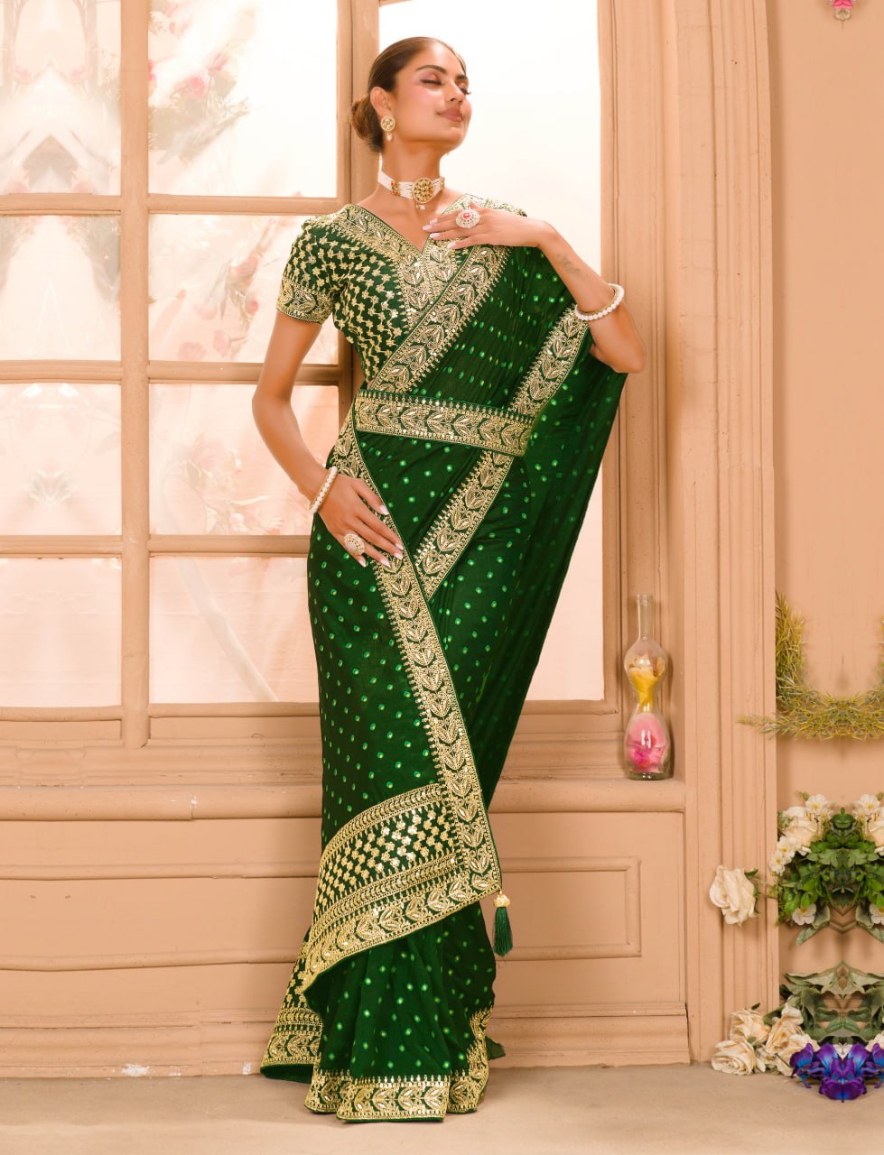 Heavy Pigment Chinon saree with heavy zari embroidery sequins work lace and blouse With Belt