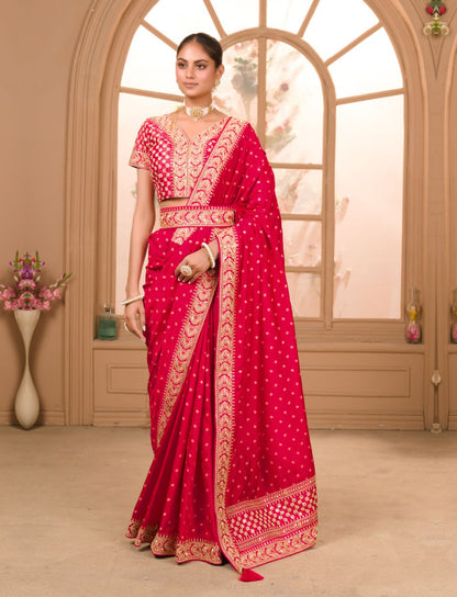 Heavy Pigment Chinon saree with heavy zari embroidery sequins work lace and blouse With Belt