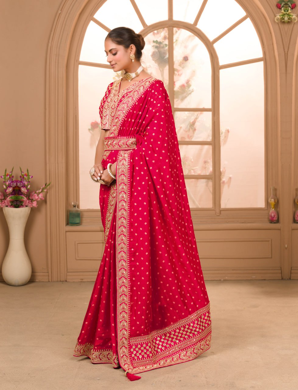 Heavy Pigment Chinon saree with heavy zari embroidery sequins work lace and blouse With Belt