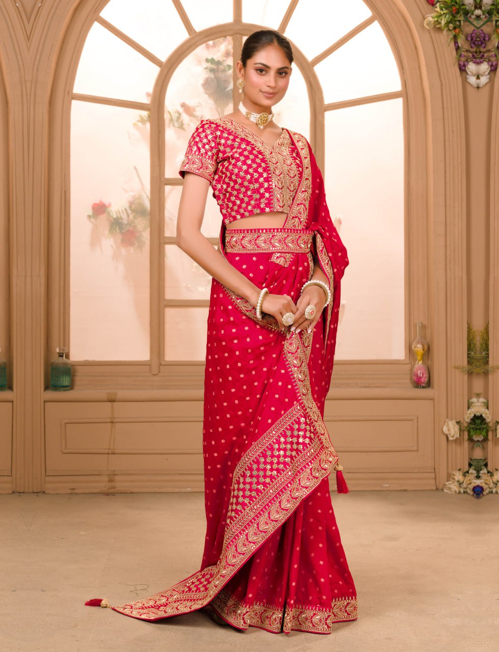 Heavy Pigment Chinon saree with heavy zari embroidery sequins work lace and blouse With Belt