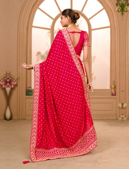 Heavy Pigment Chinon saree with heavy zari embroidery sequins work lace and blouse With Belt