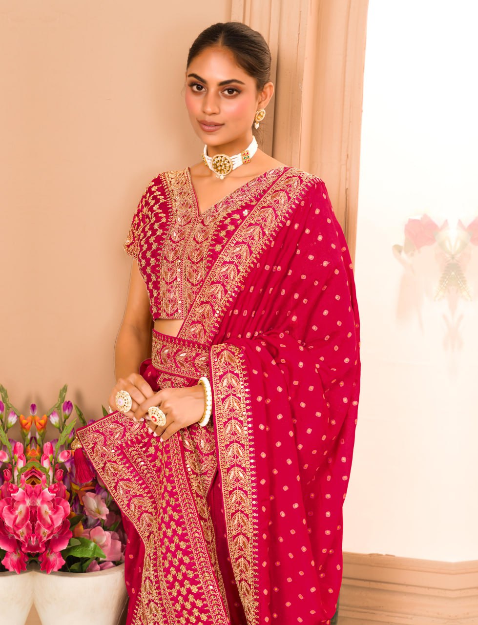 Heavy Pigment Chinon saree with heavy zari embroidery sequins work lace and blouse With Belt