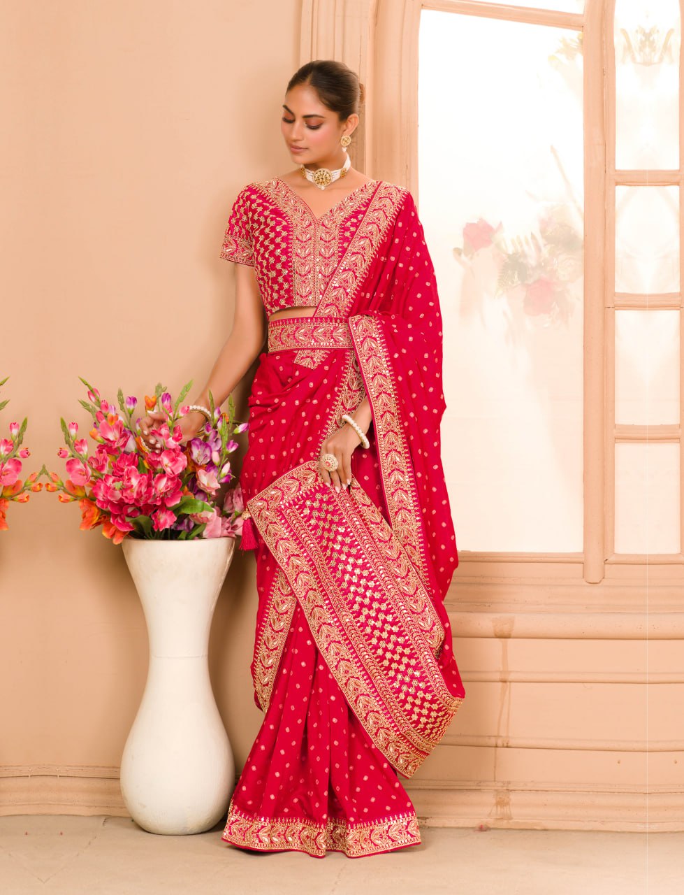 Heavy Pigment Chinon saree with heavy zari embroidery sequins work lace and blouse With Belt