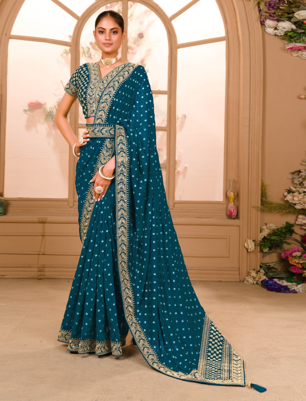 Heavy Pigment Chinon saree with heavy zari embroidery sequins work lace and blouse With Belt