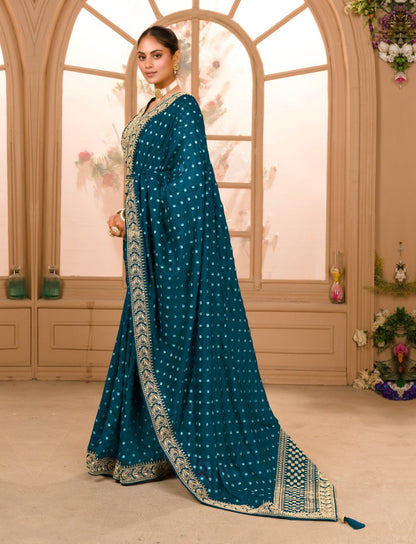 Heavy Pigment Chinon saree with heavy zari embroidery sequins work lace and blouse With Belt