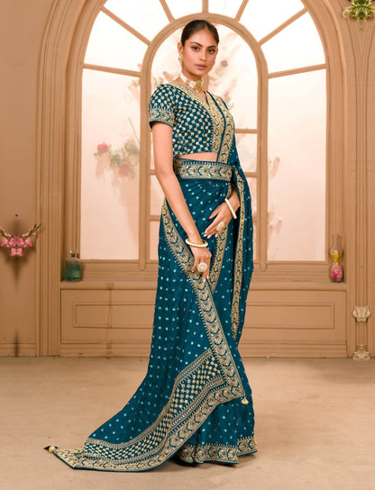 Heavy Pigment Chinon saree with heavy zari embroidery sequins work lace and blouse With Belt