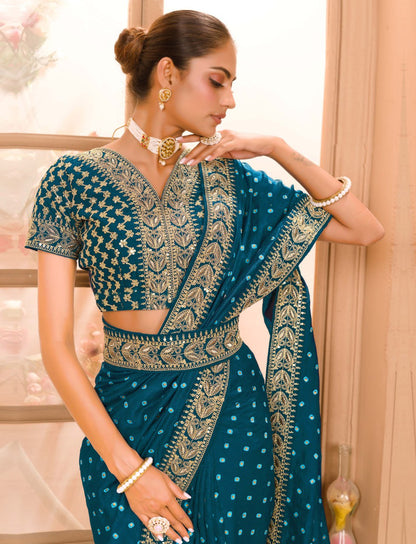 Heavy Pigment Chinon saree with heavy zari embroidery sequins work lace and blouse With Belt