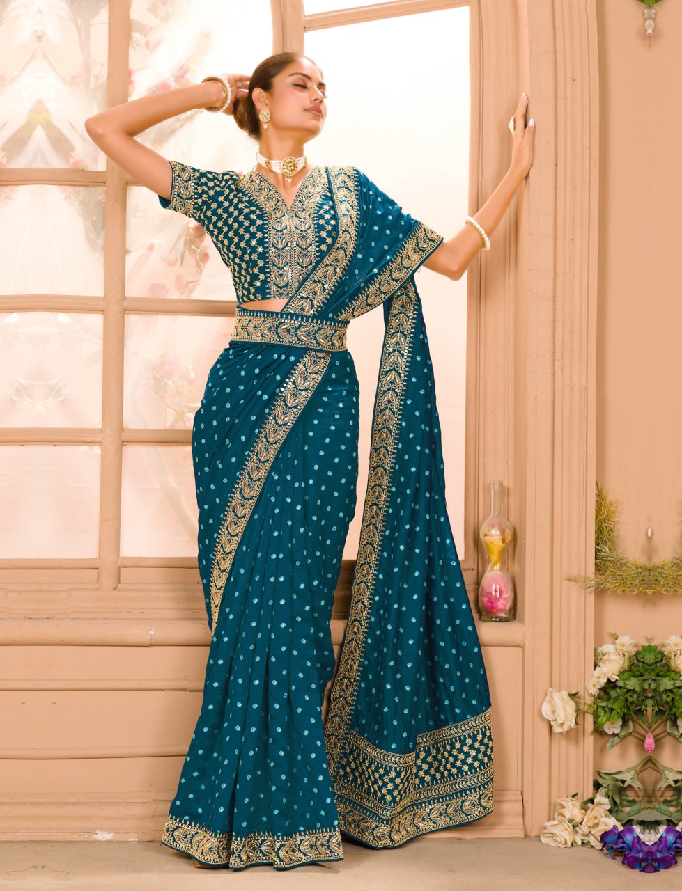 Heavy Pigment Chinon saree with heavy zari embroidery sequins work lace and blouse With Belt