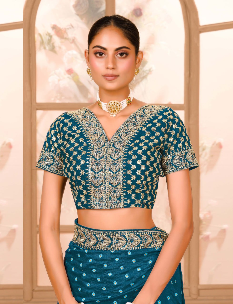 Heavy Pigment Chinon saree with heavy zari embroidery sequins work lace and blouse With Belt