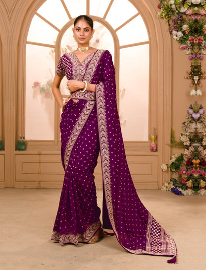 Heavy Pigment Chinon saree with heavy zari embroidery sequins work lace and blouse With Belt