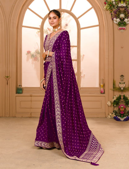 Heavy Pigment Chinon saree with heavy zari embroidery sequins work lace and blouse With Belt