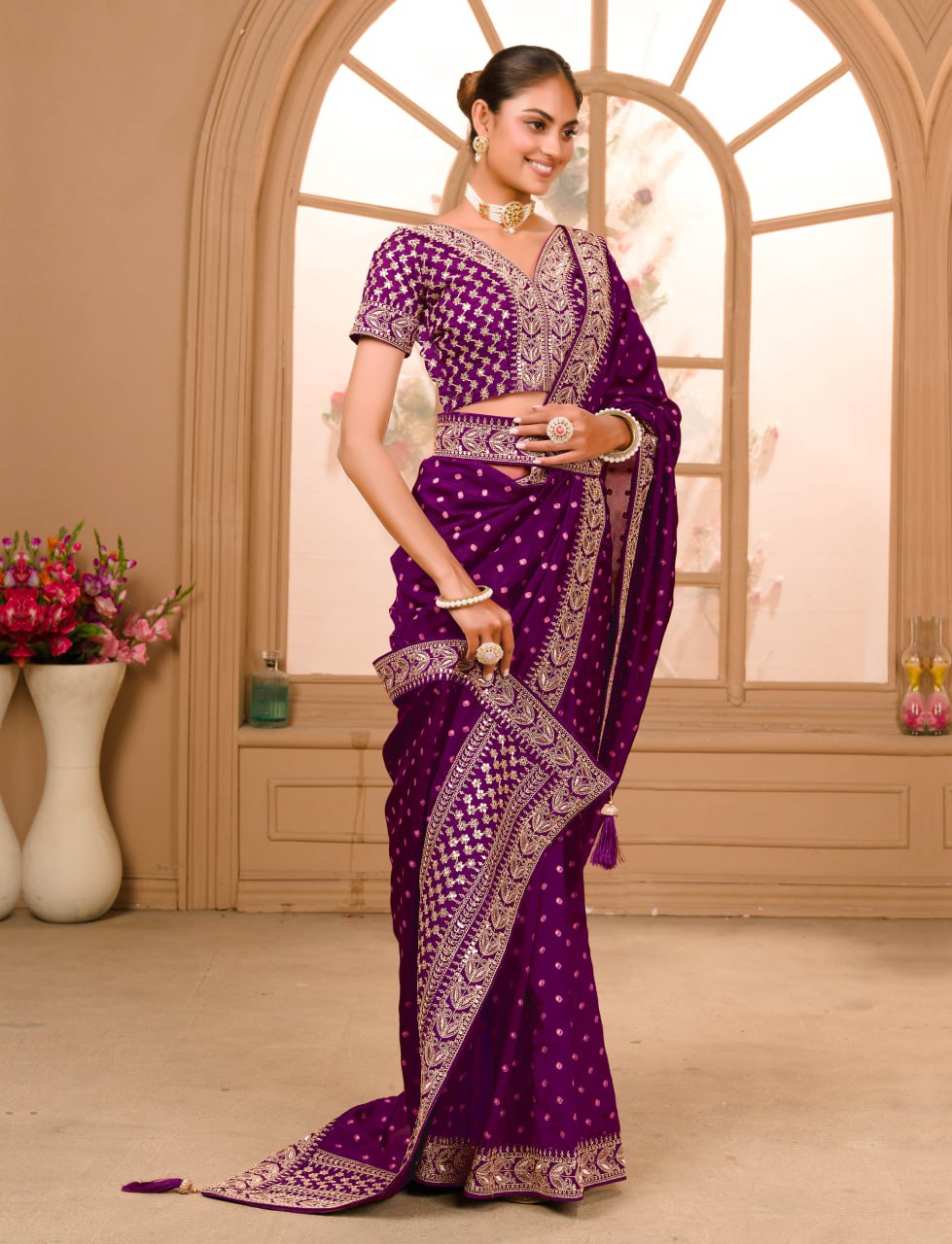 Heavy Pigment Chinon saree with heavy zari embroidery sequins work lace and blouse With Belt