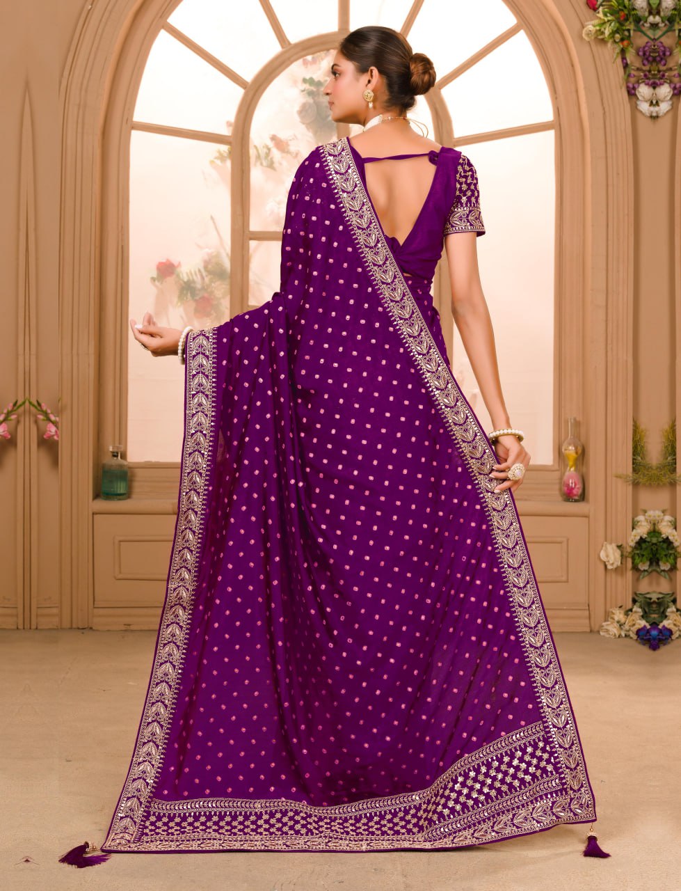 Heavy Pigment Chinon saree with heavy zari embroidery sequins work lace and blouse With Belt