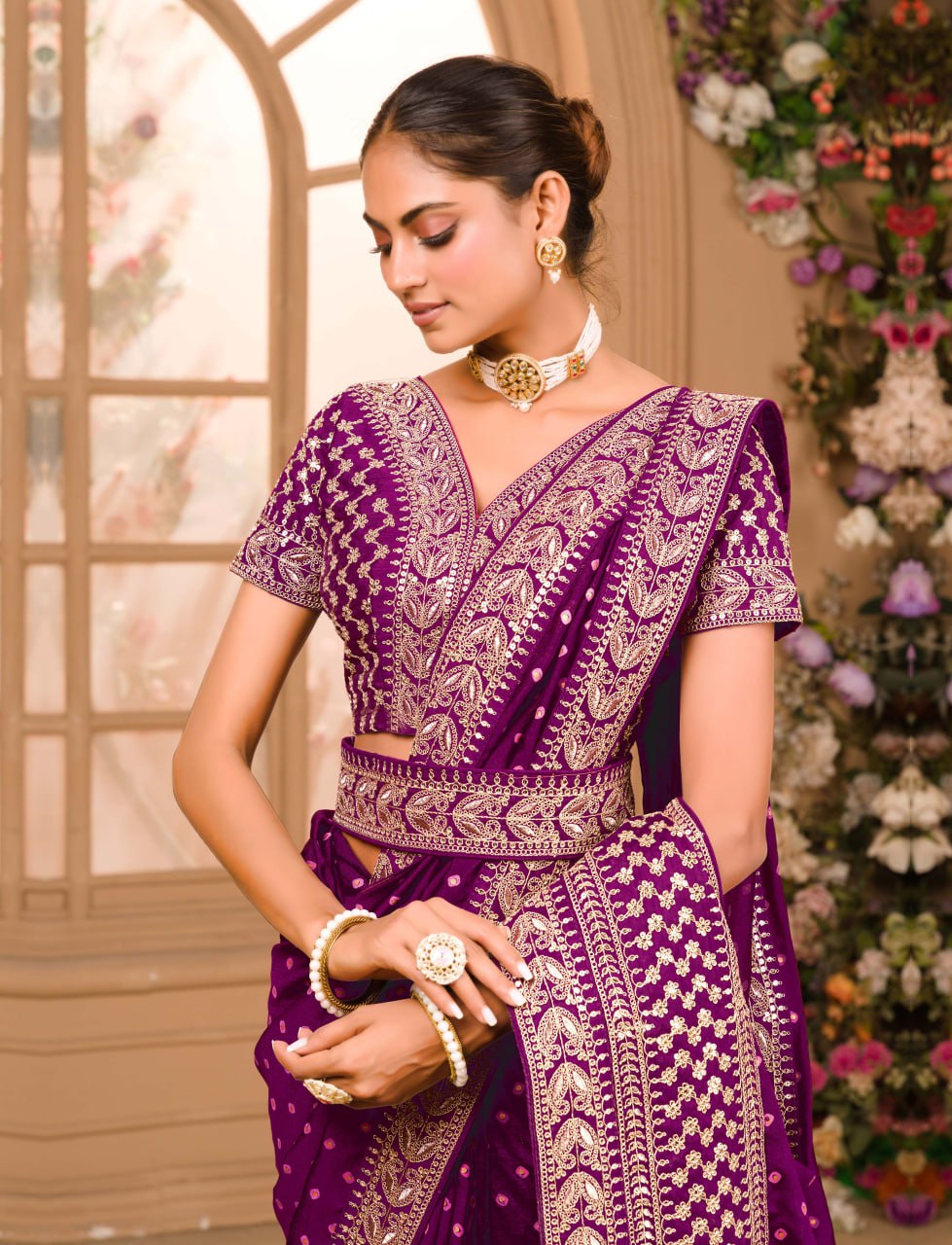 Heavy Pigment Chinon saree with heavy zari embroidery sequins work lace and blouse With Belt