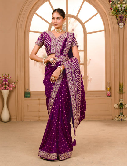 Heavy Pigment Chinon saree with heavy zari embroidery sequins work lace and blouse With Belt